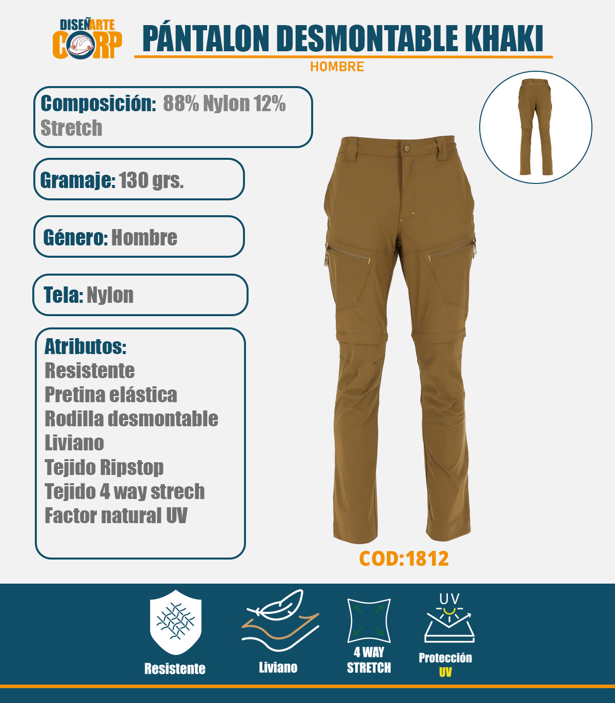 PANTALON RIPSTOP DESMONTABLE KHAKI HOMBRE